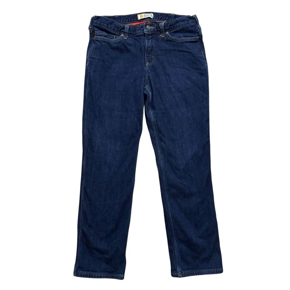 Carhartt Flannel Lined Jeans Womens 10 Short Straight Leg Original Fit Dark Wash